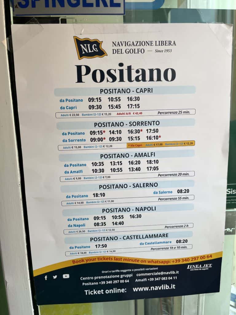 Ferry schedule in Positano Italy