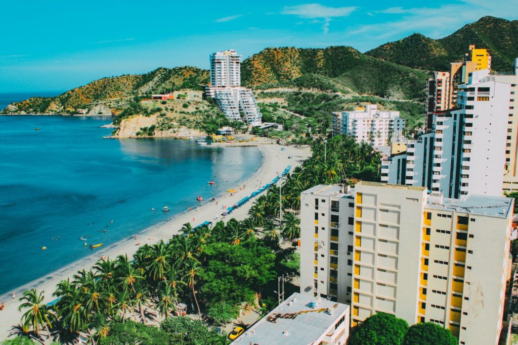 Colourful buildings located alongside the beach in Colombia