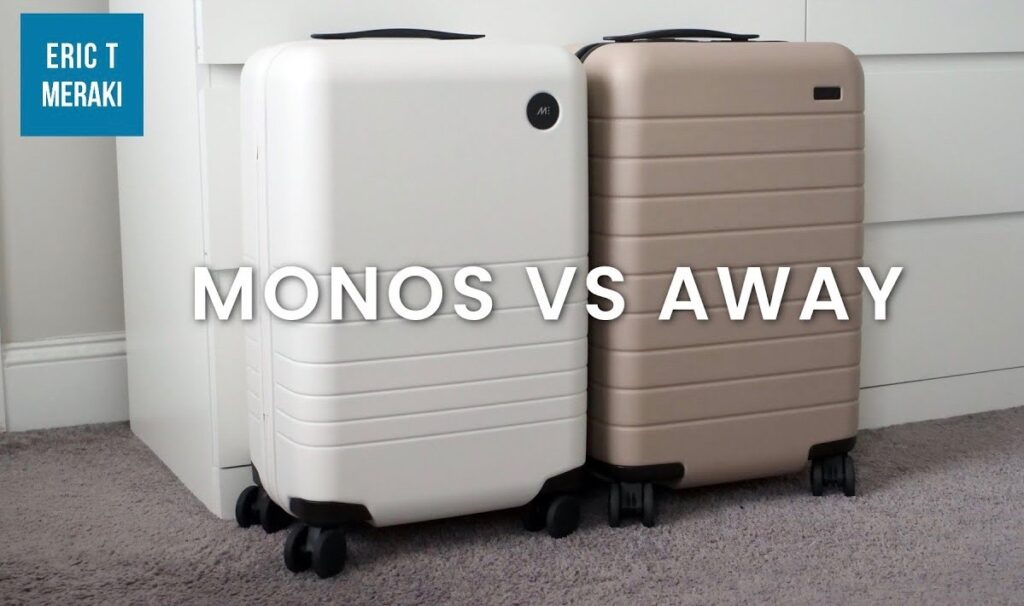 away luggage vs monos luggage in a comparison photo showing their luggage differences from the exterior 