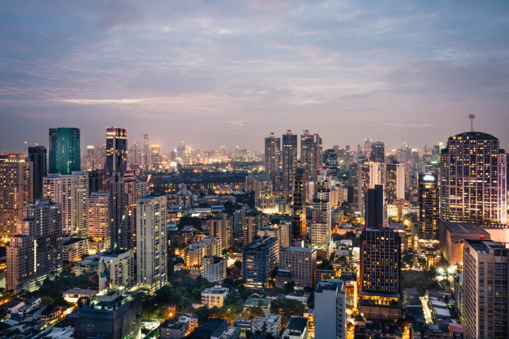 skyline of downtown bangkok thailand at night with beautiful skies just before sunset