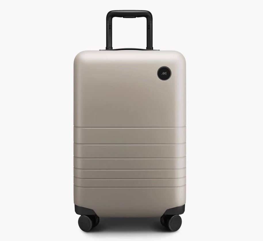 monos carry on luggage in desert taupe color 