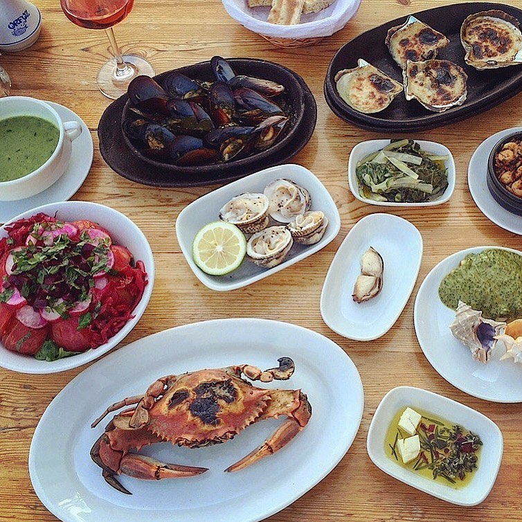 table full of all types of seafood at the famous orfoz restaurant in bodrum