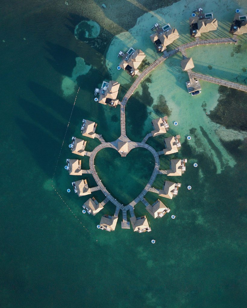 Famous luxurious hotel Sandals featuring heart shaped bungalows in the middle of the water in Montego Bay Jamiaca