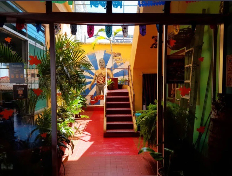 the interior lobby space at the Casa Kraken hostel in Puerto Vallarta