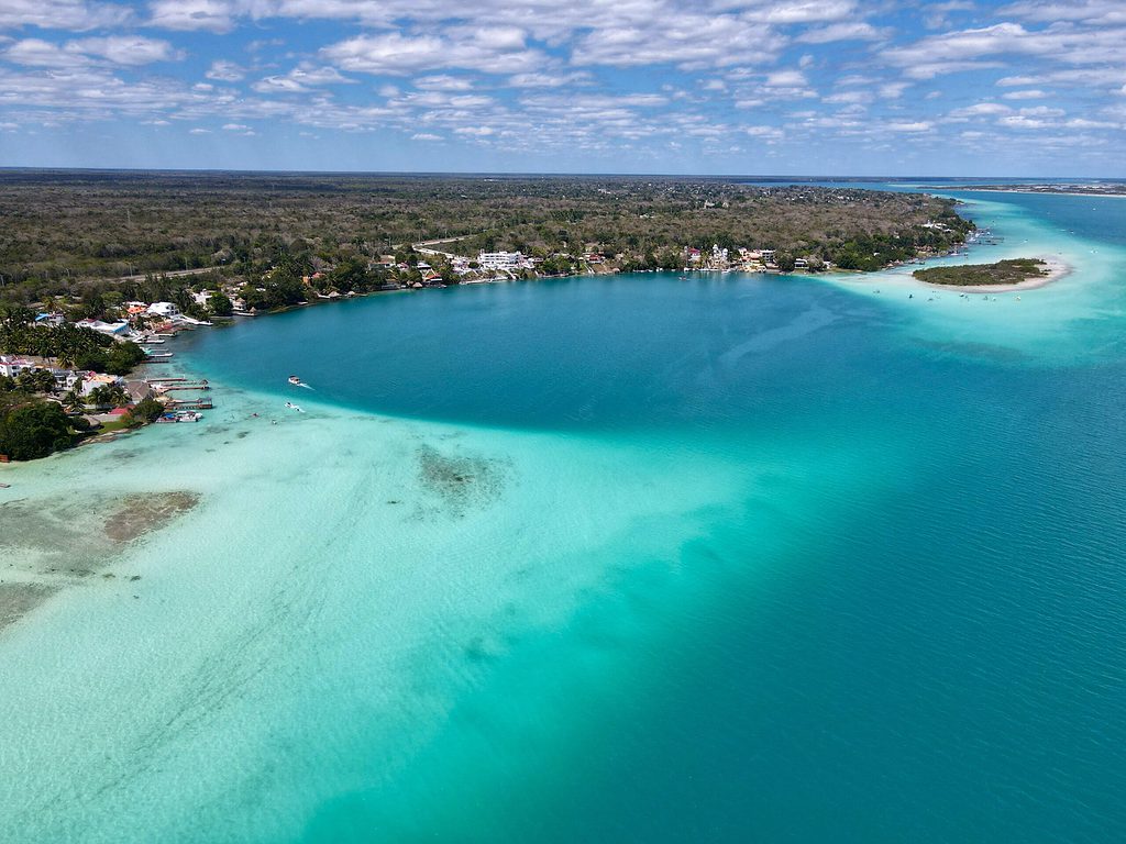 aerial view of the famous Bacalar Lagoon showing six shades of blue water in the Quintana Roo region of Mexico