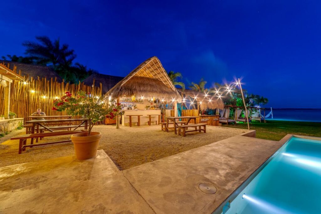 bar and pool area next to the Bacalar Lagoon at Casa Bakal hotel
