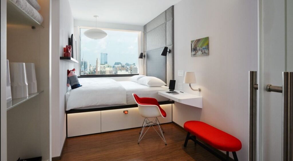 interior room space at the Citizenm New York Bowery hotel