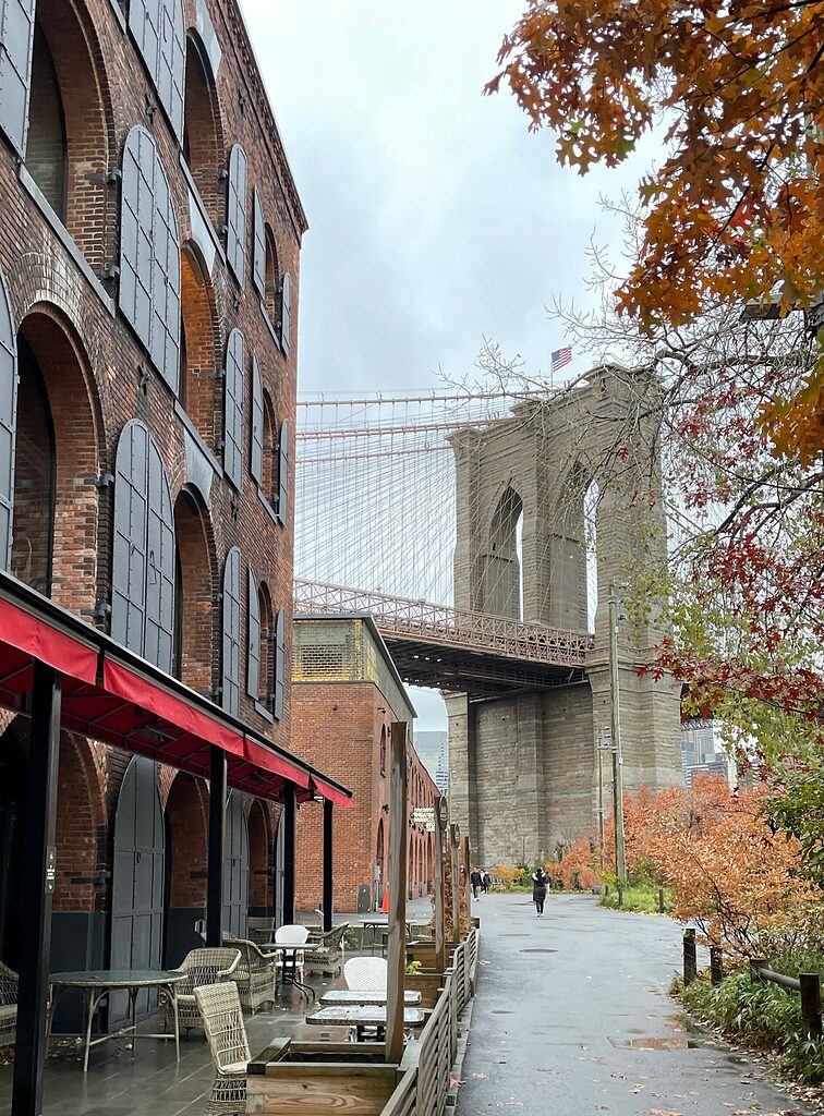 views of the Brooklyn Bridge from the Fulton Ferry District in Dumbo, Brooklyn