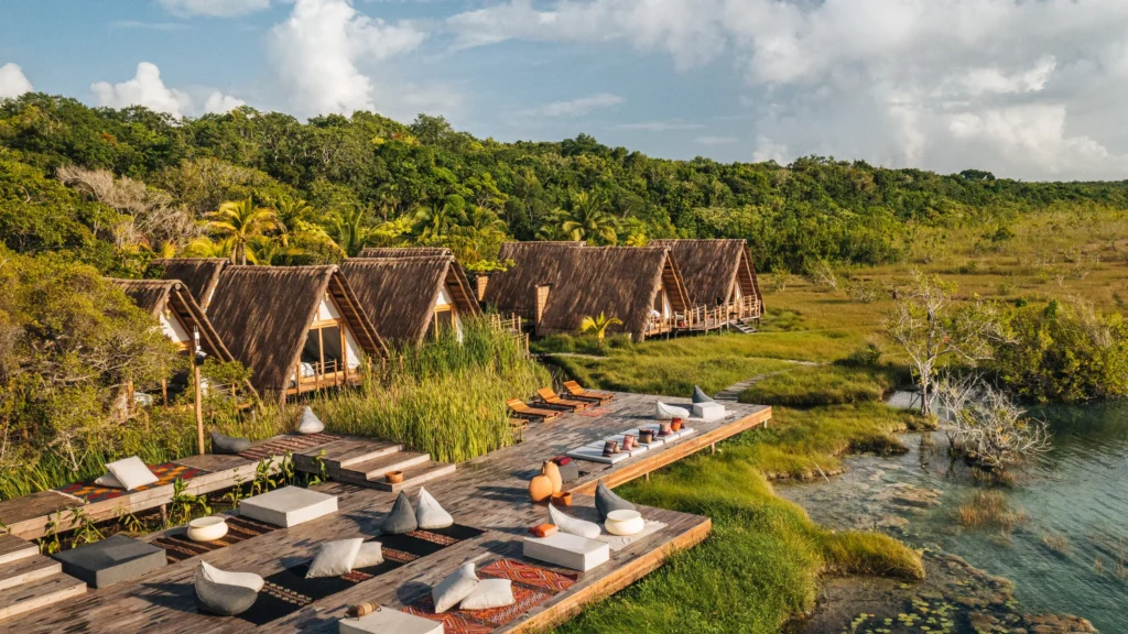 aerial photo of the cabins at Hasbitas Bacalar