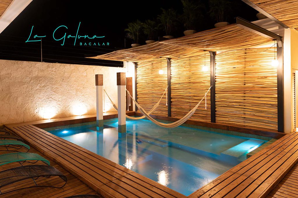 beautiful dim lit pool at the La Galuna Bacalar hotel