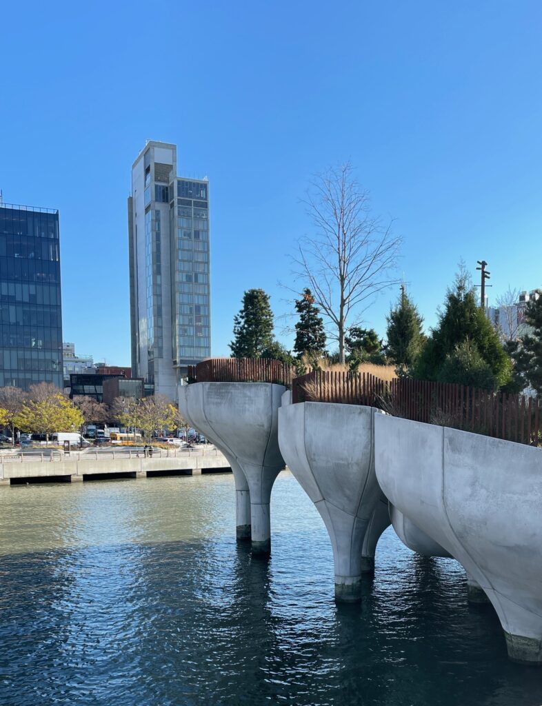 Concrete tulips on the Hudson River support the grounds of Little Island Park in New York City