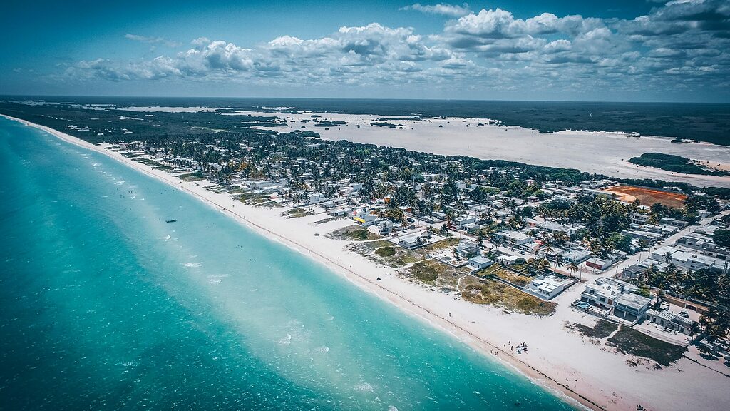 aerial view of Playa Sisal, the main beach in the city