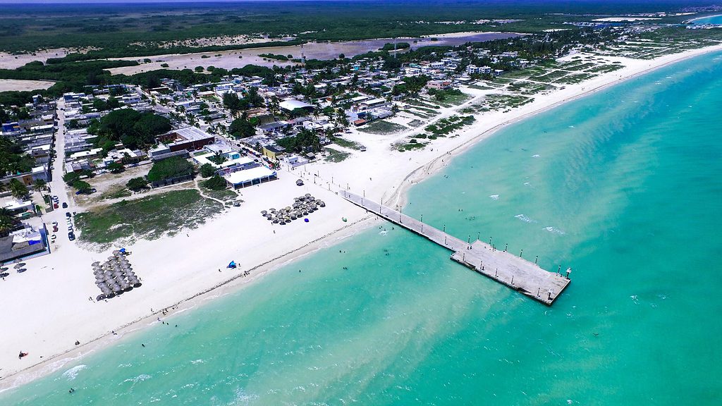 aerial shot of the small sea port beach town of Sisal, Yucatan