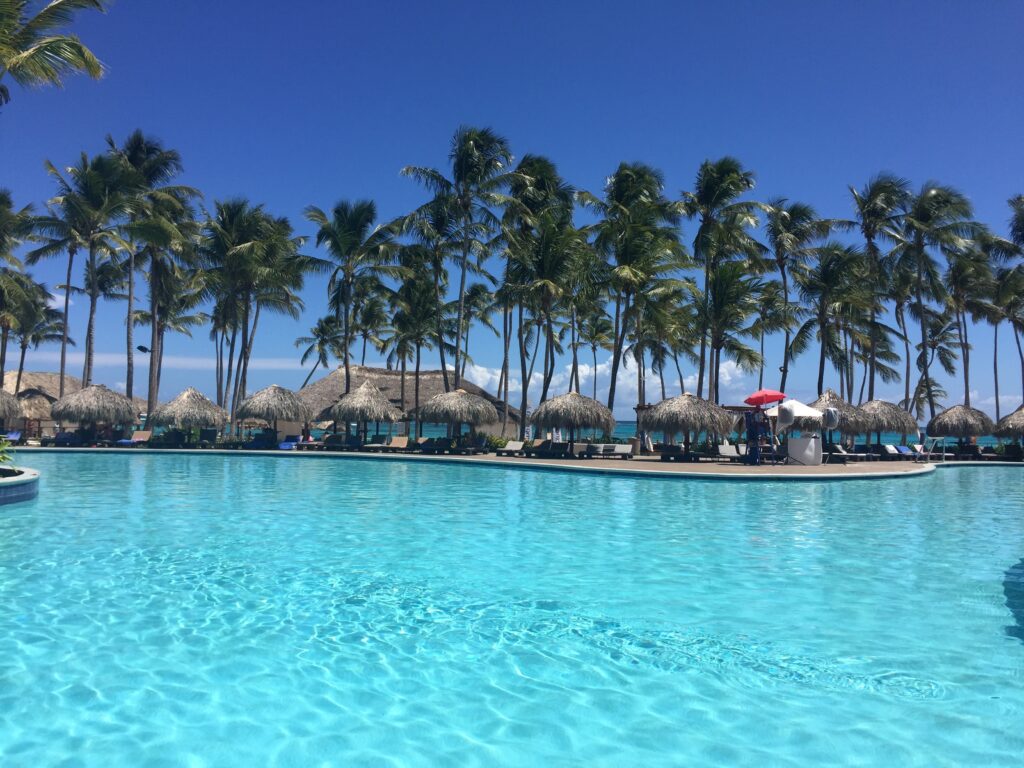 several palm trees by the pool at a resort in Punta Cana, Dominican Republic 