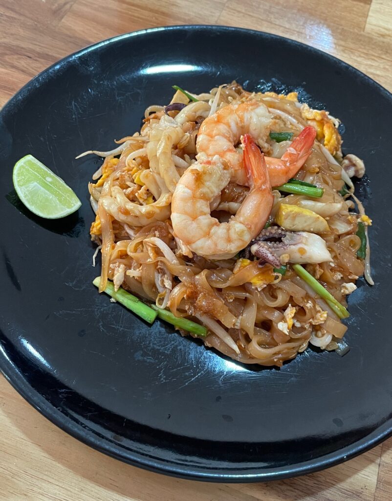 a plate of seafood Pad Thai made to perfection at Only Noodles in Phi Phi islands