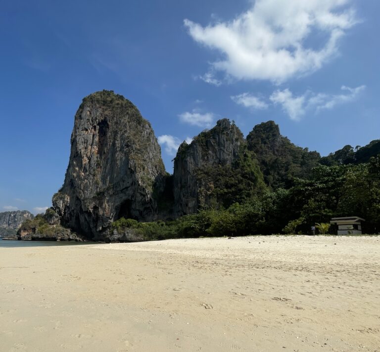 several large rock limestones at Phra Nang Beach visited during the Krabi 4 Island Tour in Thailand