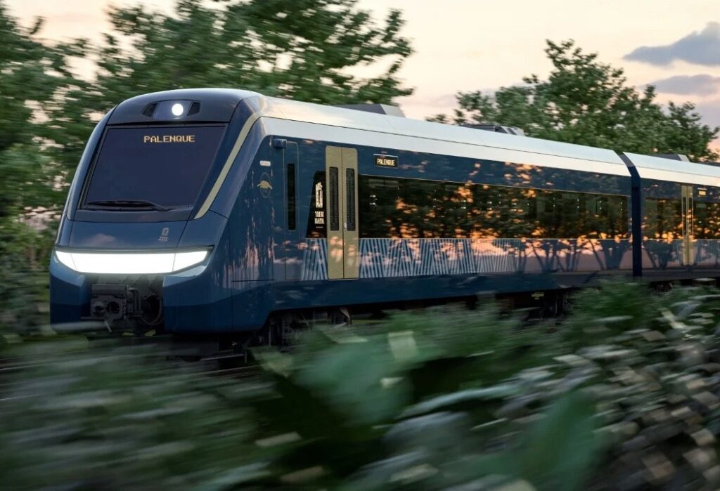 digital renderings of The Mayan train speeding through a railway in the jungles of the Yucatan in Mexico