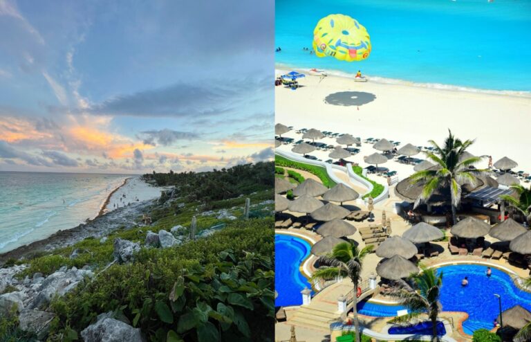 two photos of Tulum vs Cancun beaches, showcasing each city's best beaches