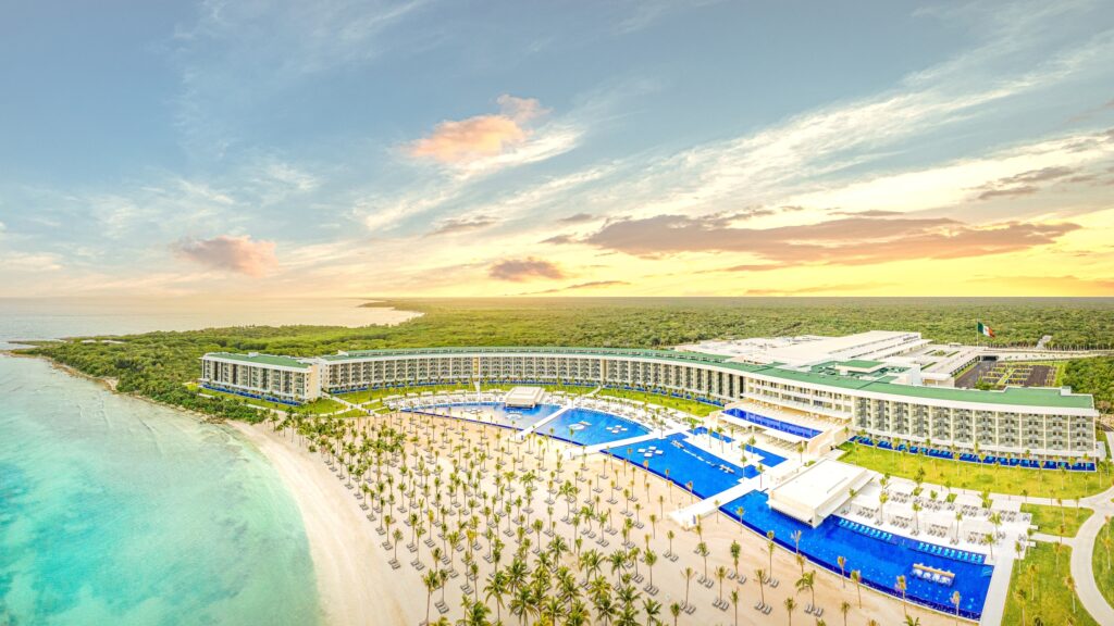 aerial view at sunset of the entire Barcelo Riviera Maya hotel 