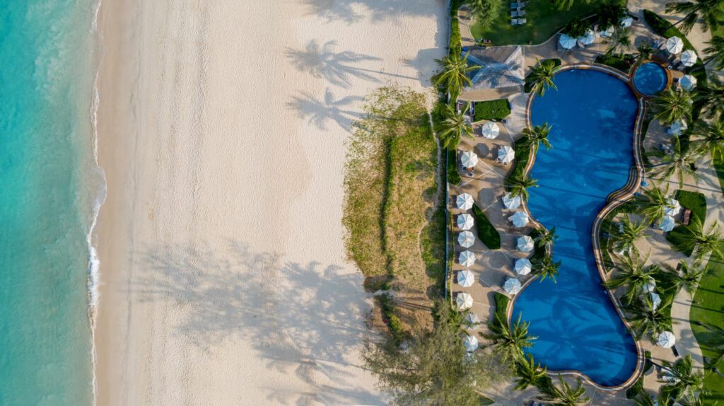 aerial views of the large pool along the Kata Noi Beach at the Katathani Phuket Resort in Thailand