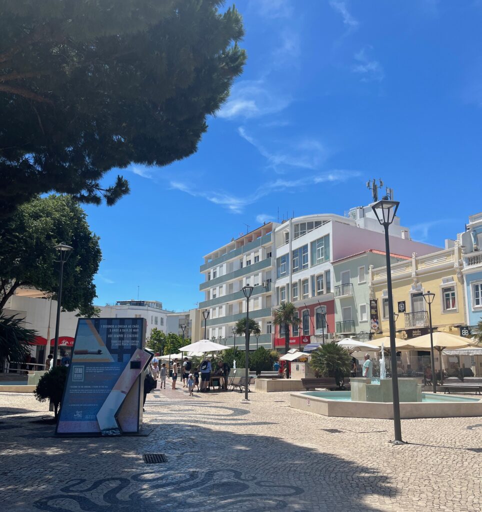 the cobblestone streets and buildings in Old Town Lagos, a historical attraction in the city centre of Lagos, Portugal