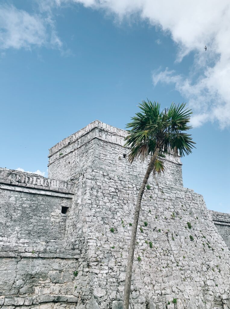 Tulum Archaeological Zone and ruins with clear skies in the background and palm trees