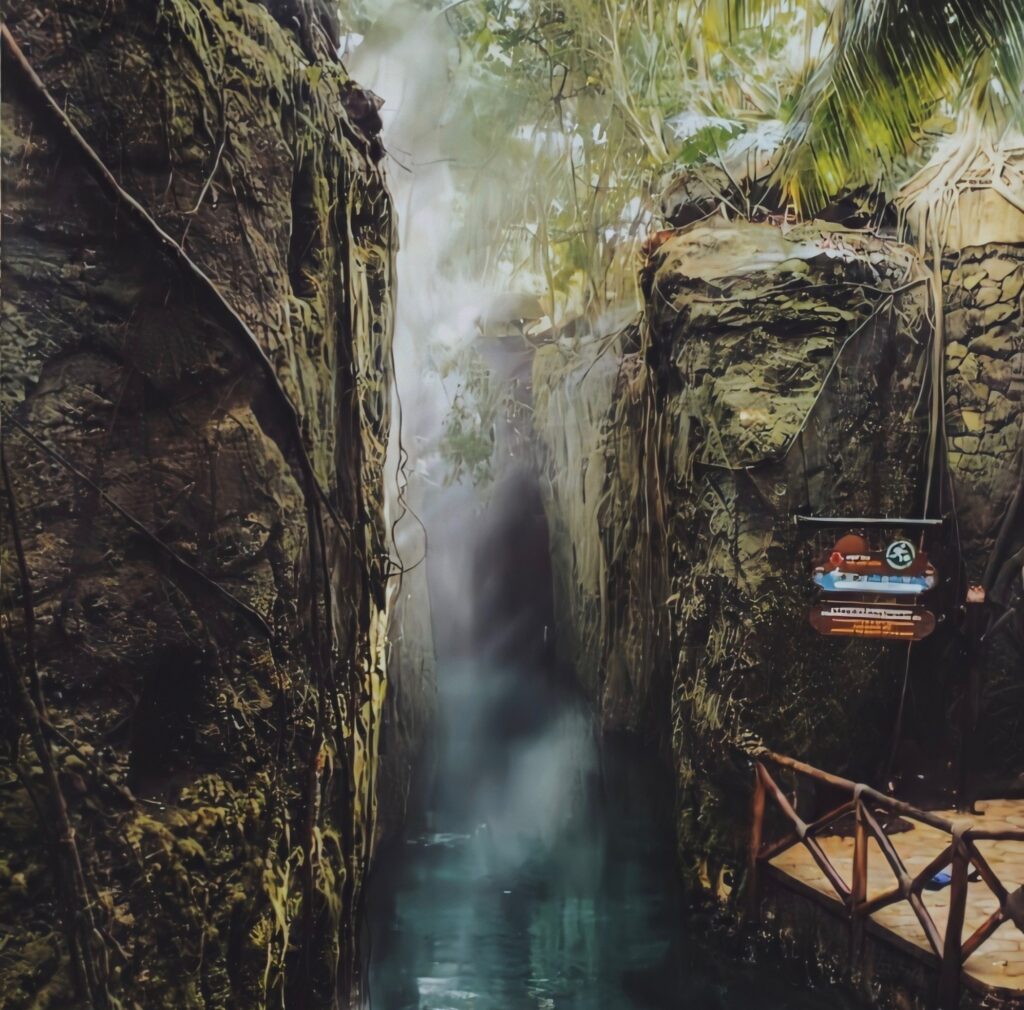 a narrow stream of water surrounded by limestone at Xcaret Adventure Park in the Riviera Maya, Mexico