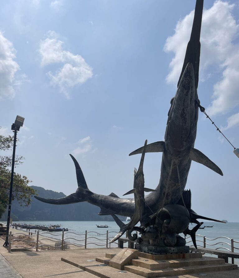 giant swordfish statue on the boardwalk in Ao Nang, Krabi, Thailand, is Ao Nang worth visiting?