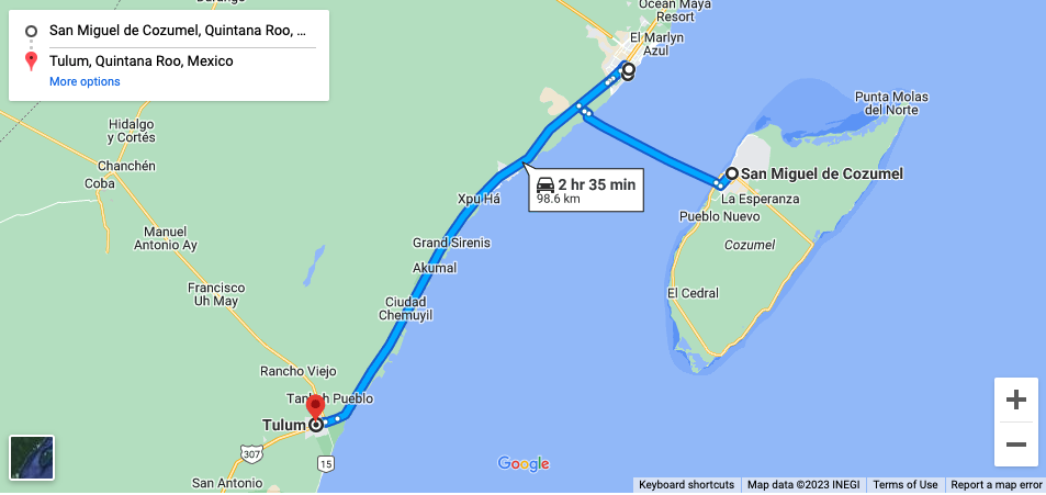 Google map showing distance and way from how to get from Cozumel to Tulum