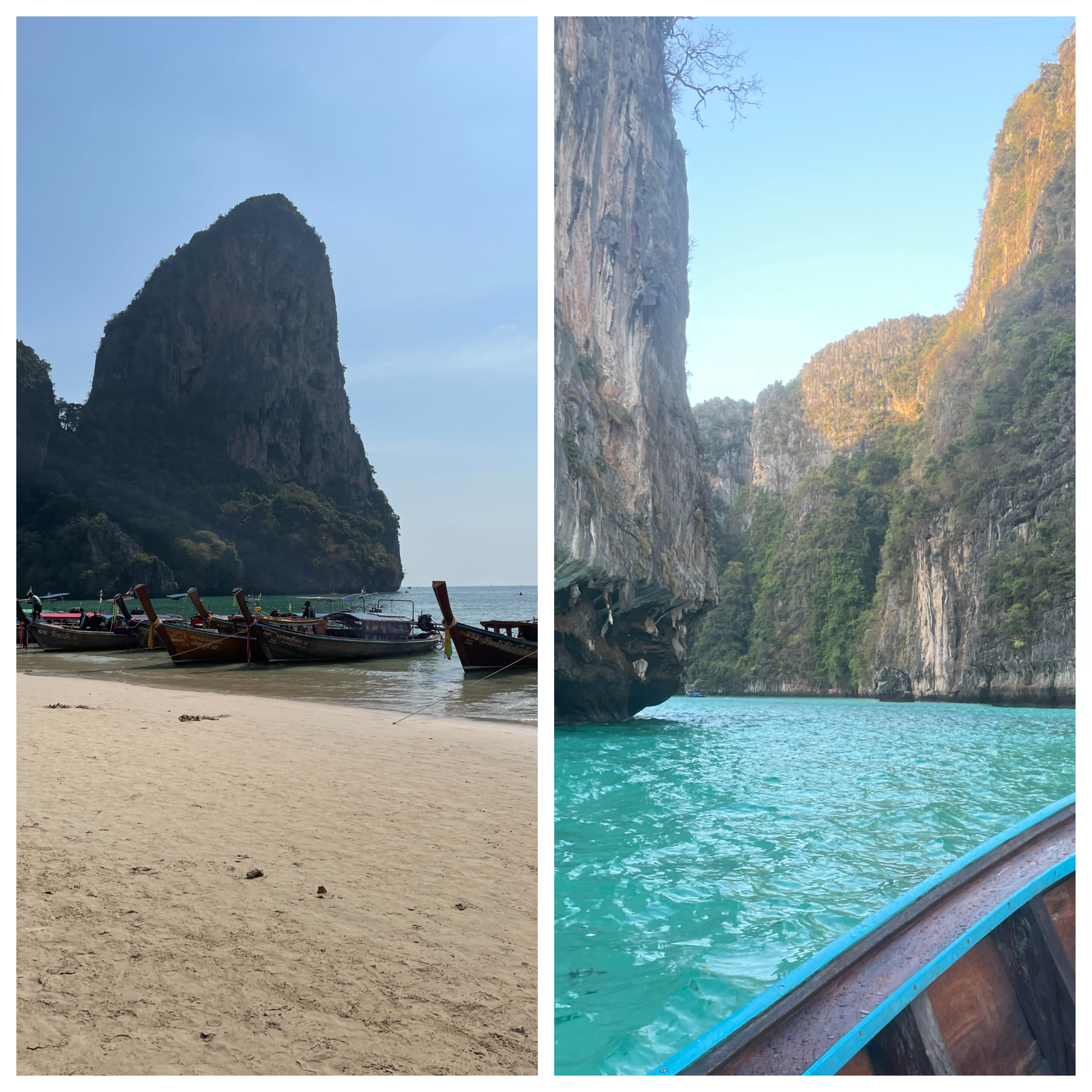 side by side photos of two popular attractions Railay Beach vs Koh Phi Phi
