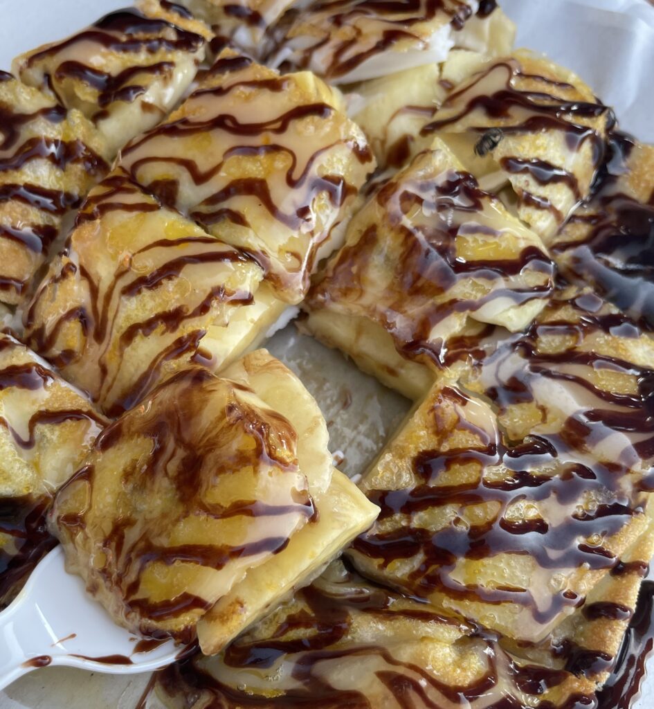 traditional thai roti pancake with banana and Nutella