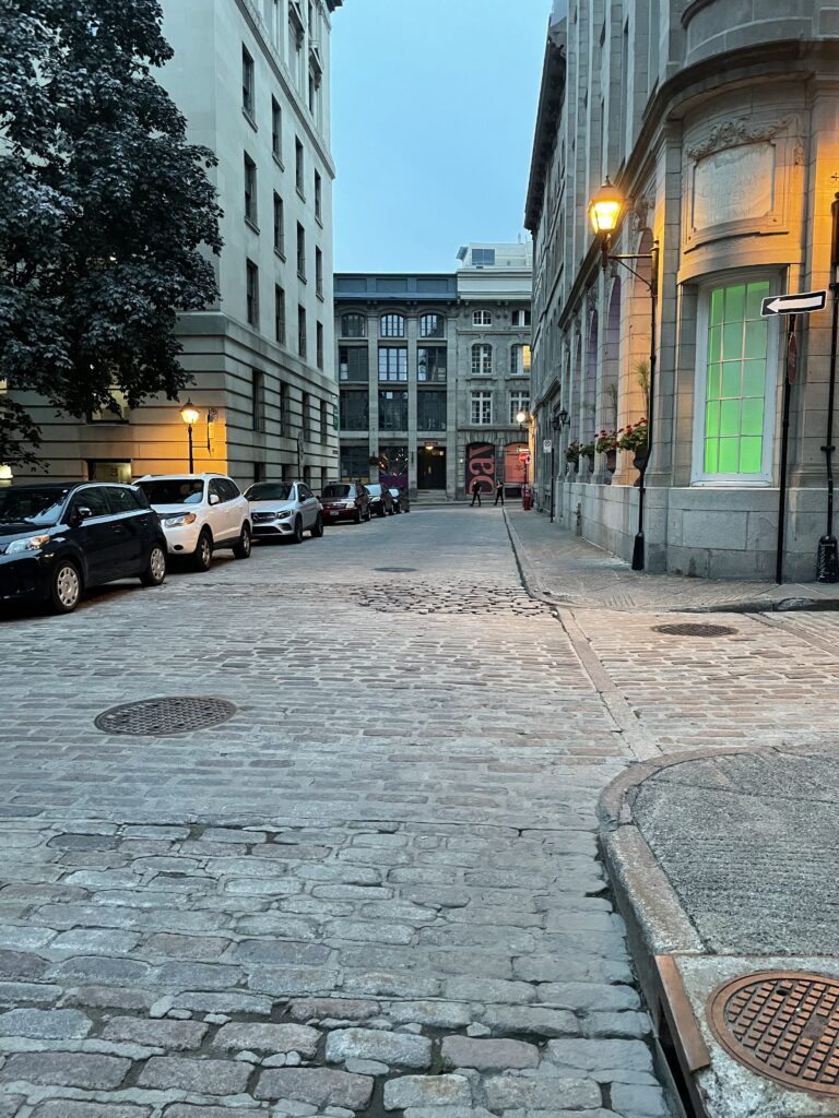 empty cobblestone streets in the evening hours in Old Montreal, Canada