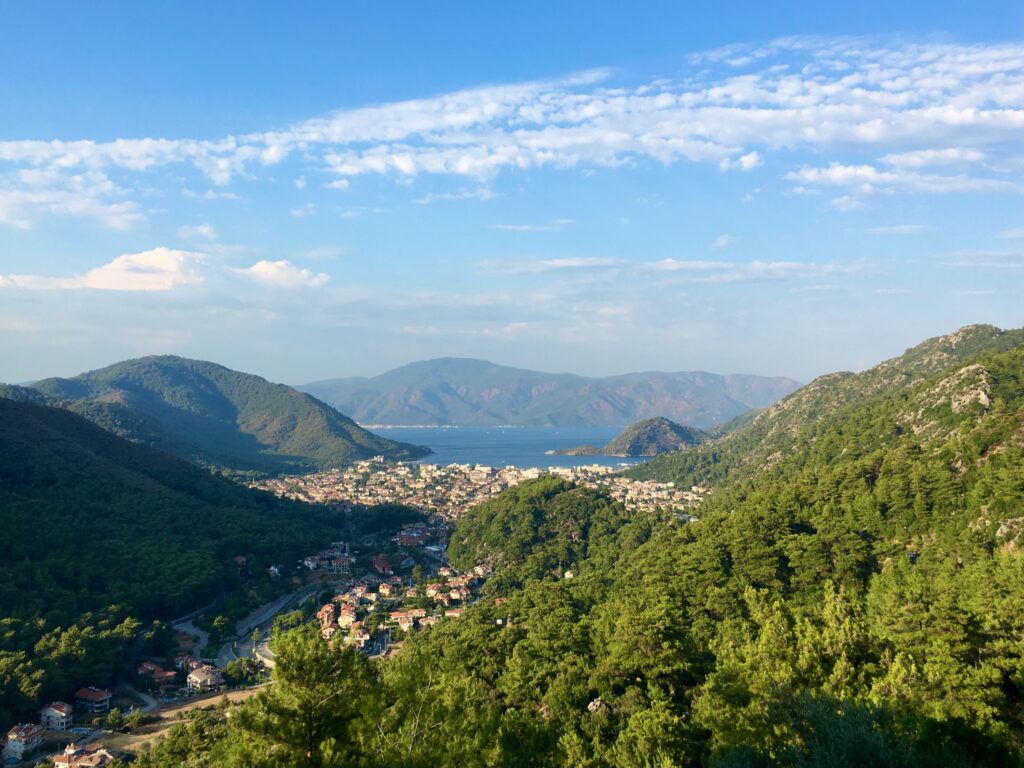 views or the beautiful seaside town of Marmaris among several luscious green forests in Turkey 