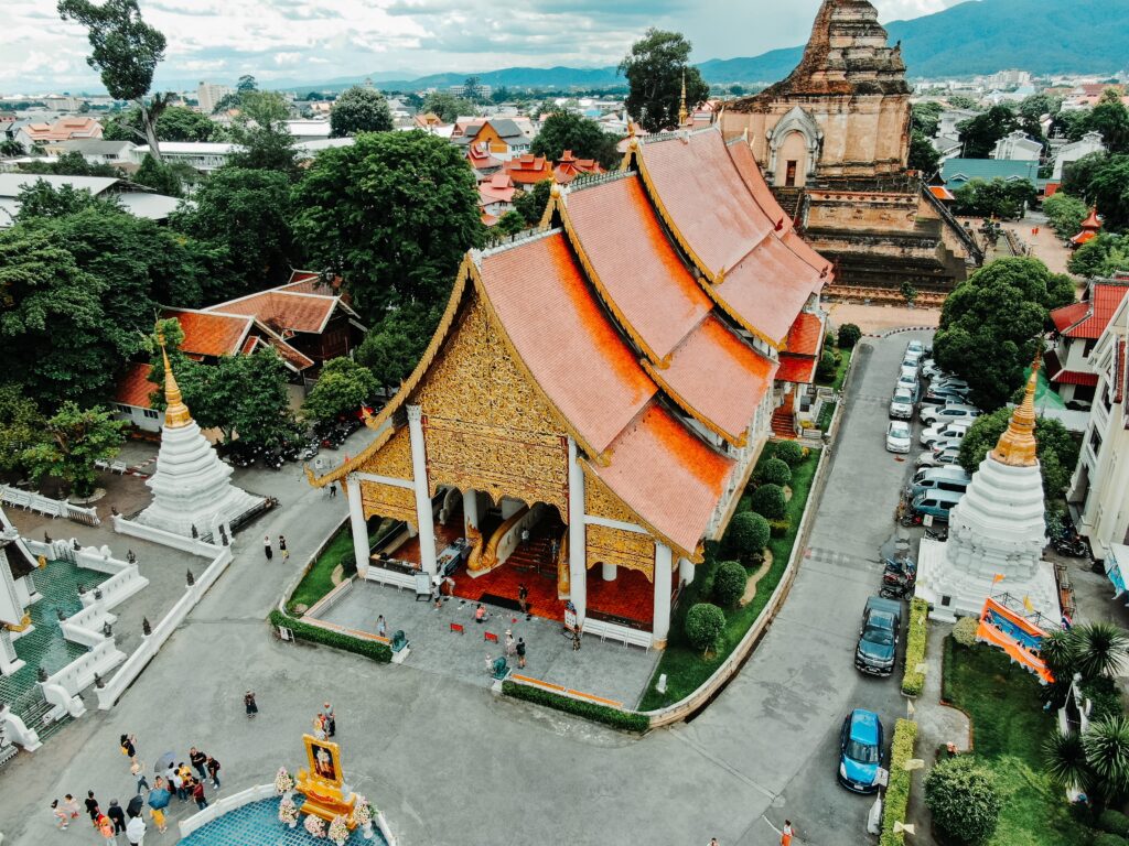 aerial view of a temple located in the city centre of Chiang Mai, Thailand  