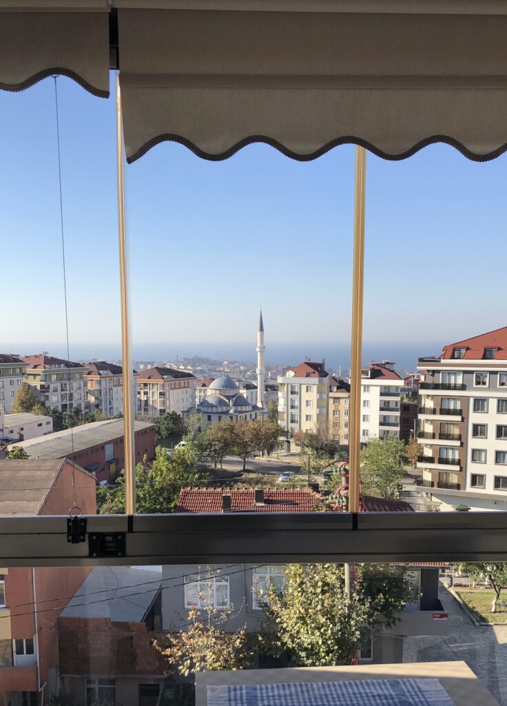 stunning city views featuring several homes amongst a beautiful mosque and the sea in the distance from a restaurant in Istanbul, Turkiye 