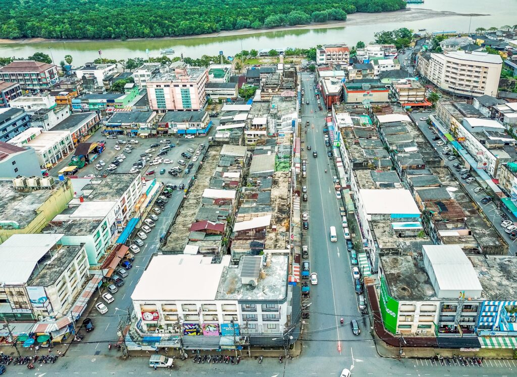 aerial photograph of Krabi Town along the Pak Nam River