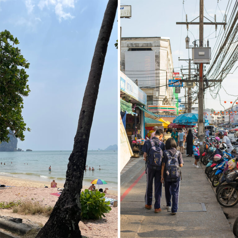 photo of Ao Nang Beach and another of the busy streets in Krabi Town, comparing Ao Nang and Krabi Town