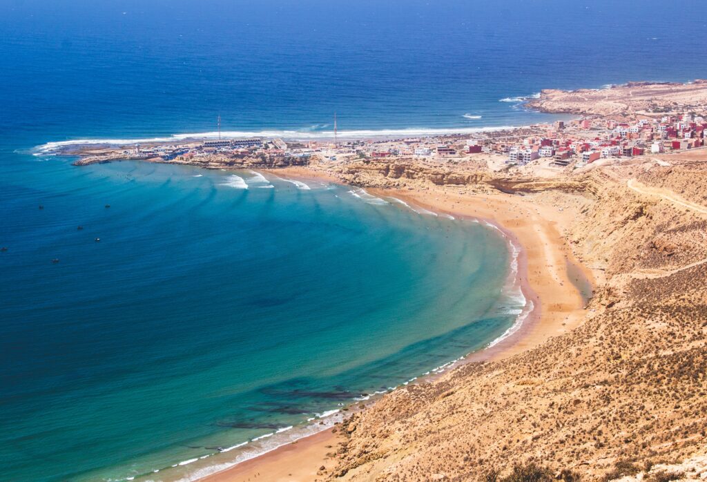 views of a stunning turquoise costal shoreline in Imsouane, Morocco 
