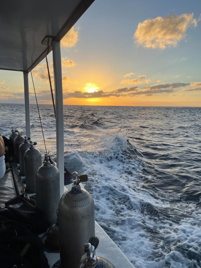 several oxygen tanks on a boat returning from diving in Cozumel at sunset