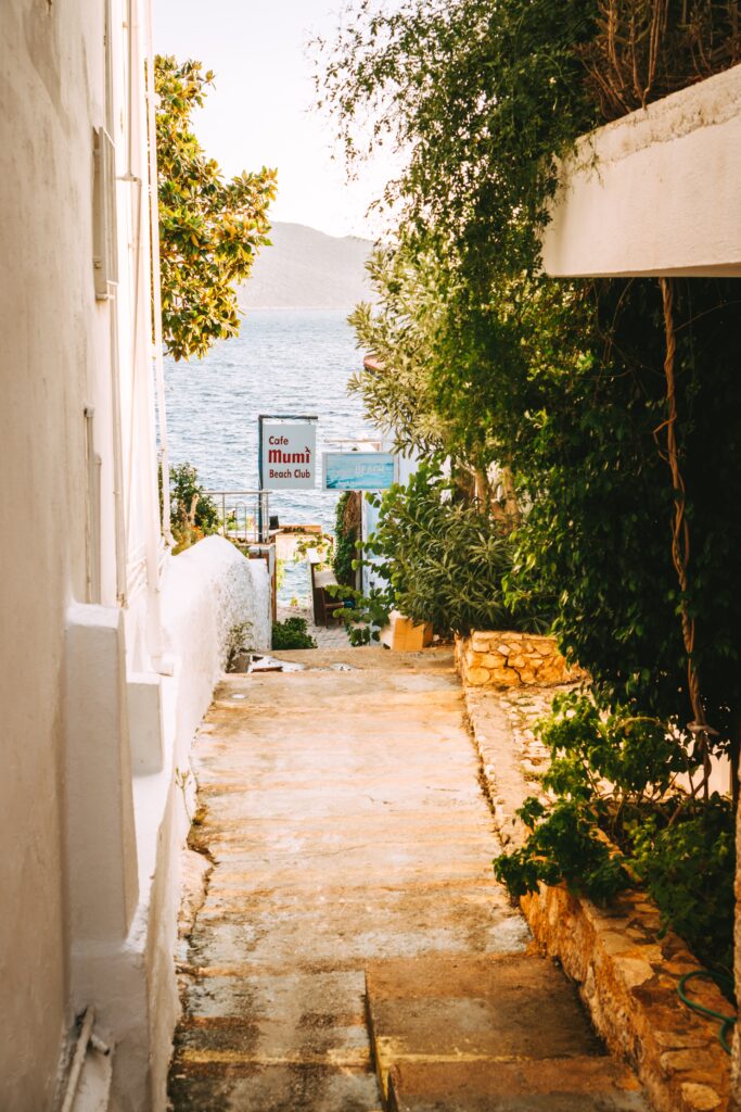 small quaint street leading towards the sea in Kas, Turkiye 