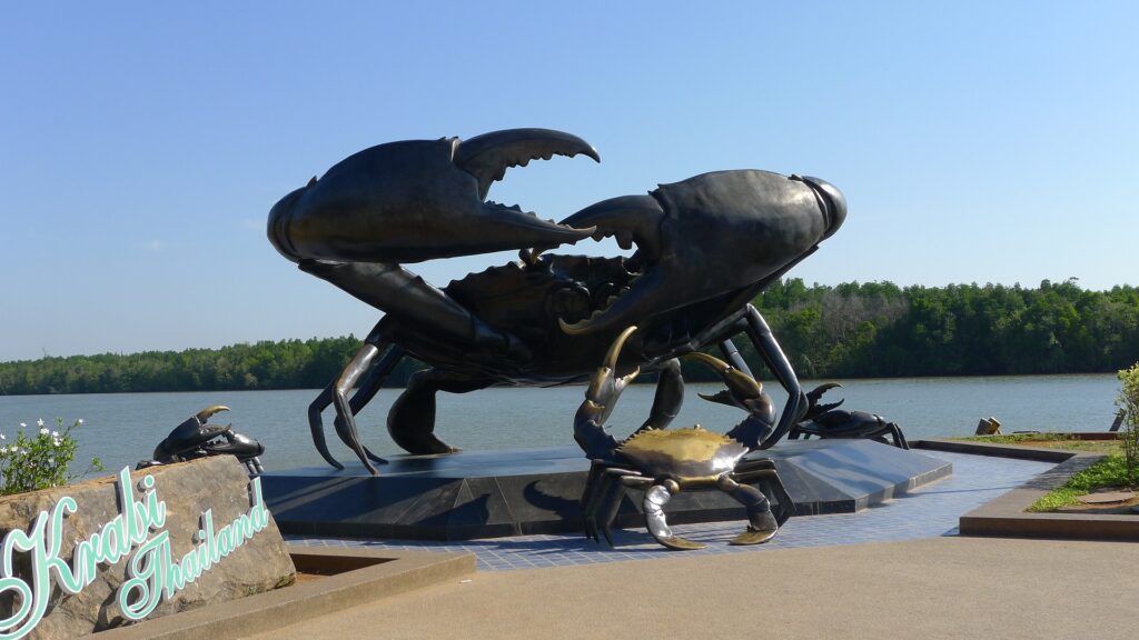 famous mud crab sculptures in Krabi Town along the Pak Nam River