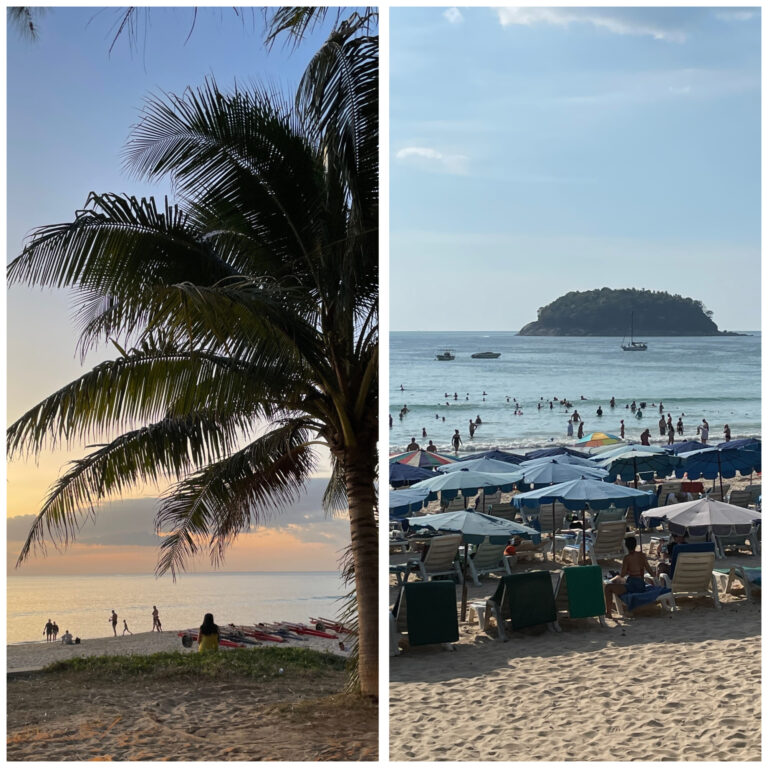 side by side photo comparing Karon beach or kata Beach , left side is a stunning sunset with a palm tree in focus at Karon Beach and the right are several beach loungers and umbrellas lined up on a sunny day in Kata Beach, Phuket, Thailand