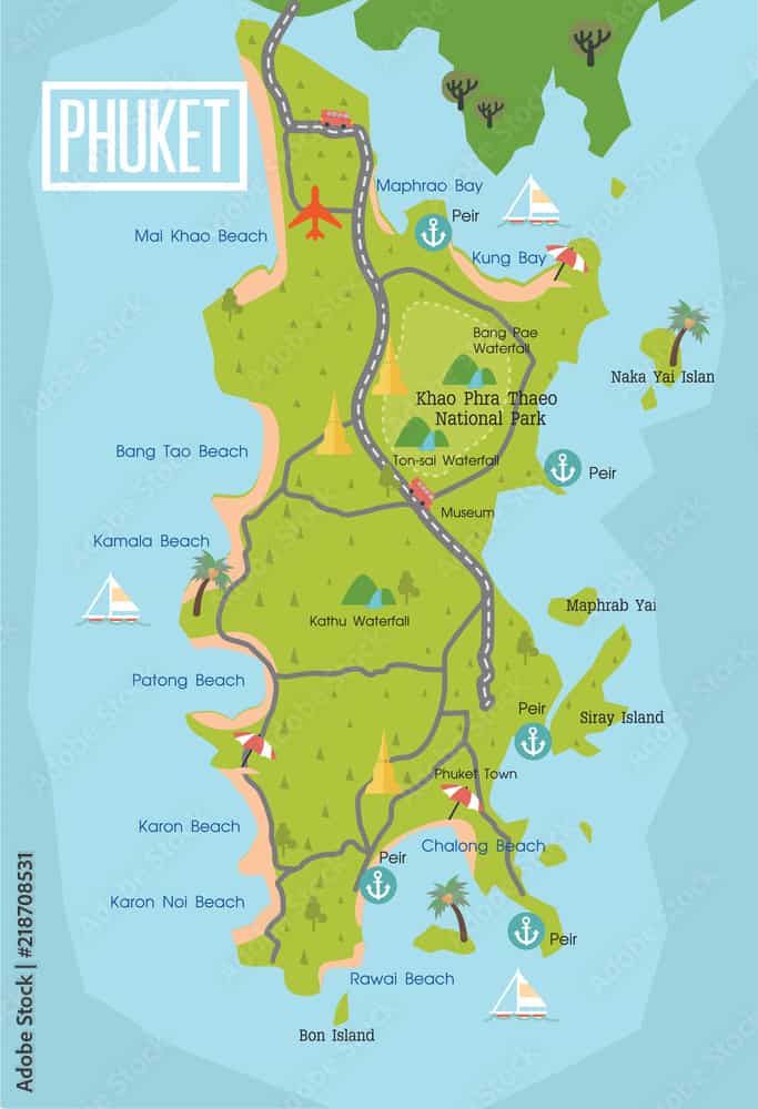 a colourful area map of all the main Beach Areas in Phuket, Thailand 