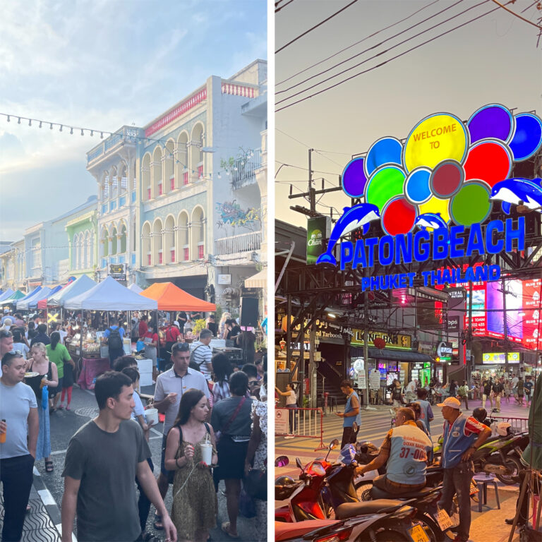 side by side photos comparing the two most popular streets in Phuket Town or Patong Beach