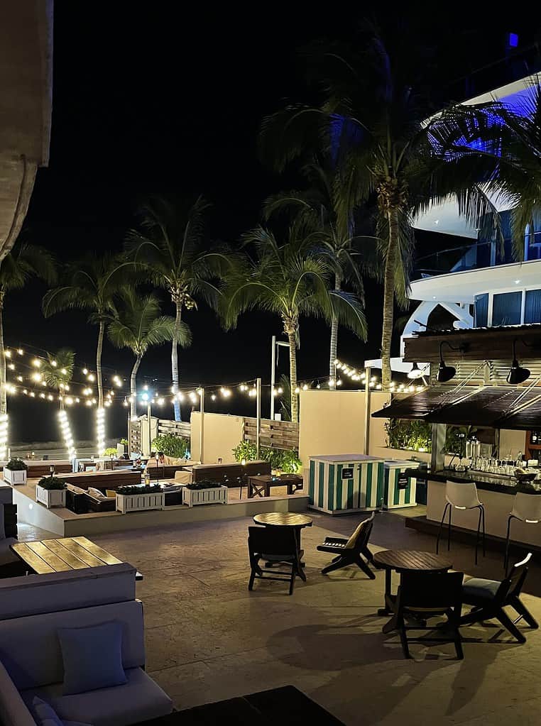 restaurant and pool area at the Thompson in Playa Del Carmen at night