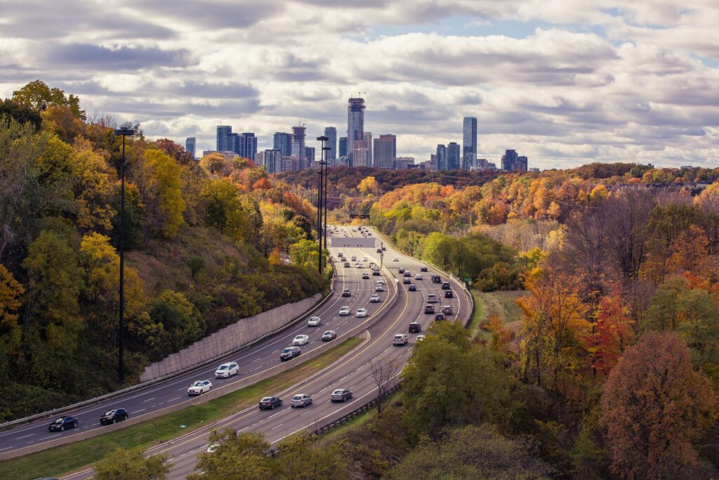 a busy highway in Toronto on a beautiful Fall Day 
