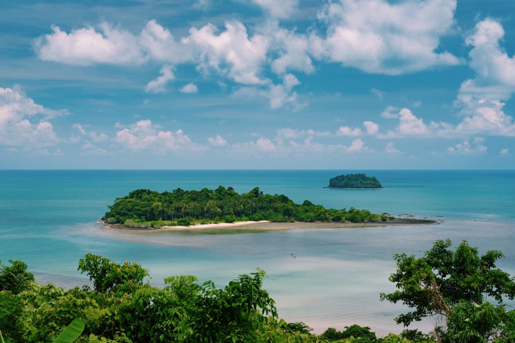stunning view of the sea and a small island from the top of Kai Be Viewpoint in Koh Chang