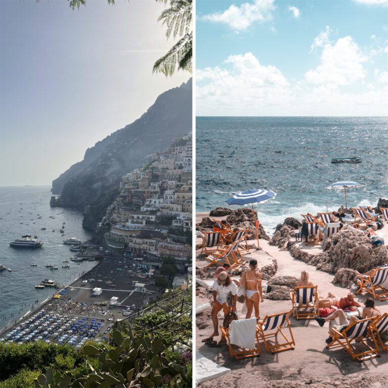 side by side photo comparing Positano vs Capri, two of the most spots in each Italian designation