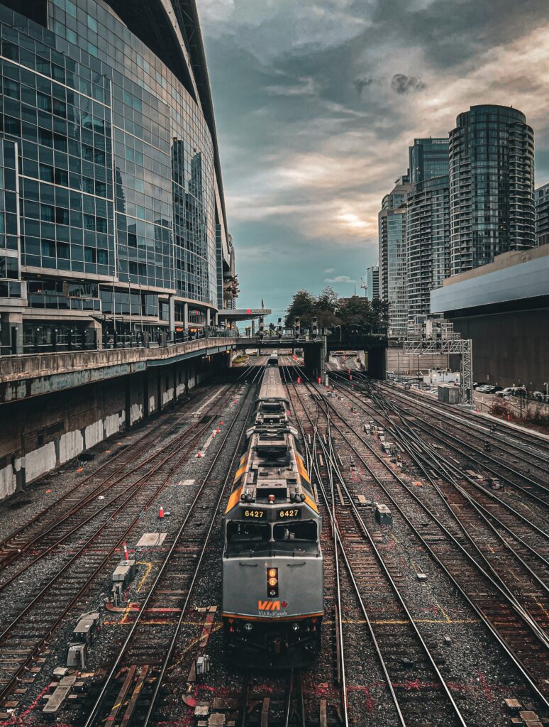 Via Rail train departing from Union Station in Downtown Toronto, Canada 