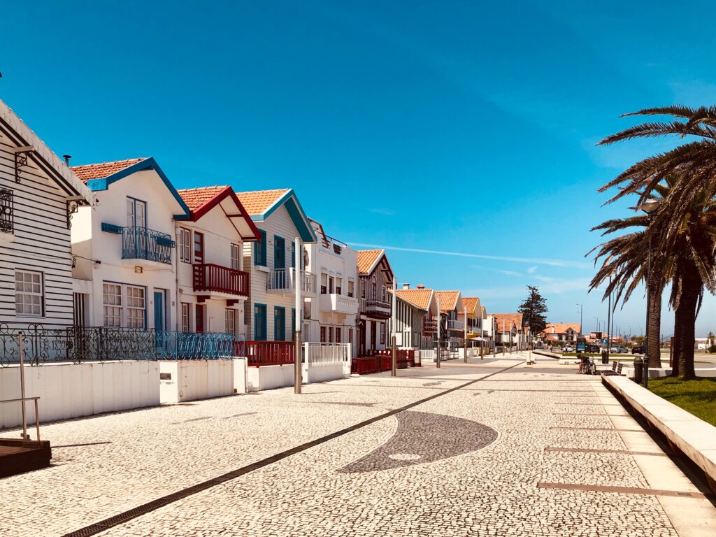picteresque cobblestone streets along beautiful homes and palm trees on a street in the coastal town of Aveiro, Portugal 